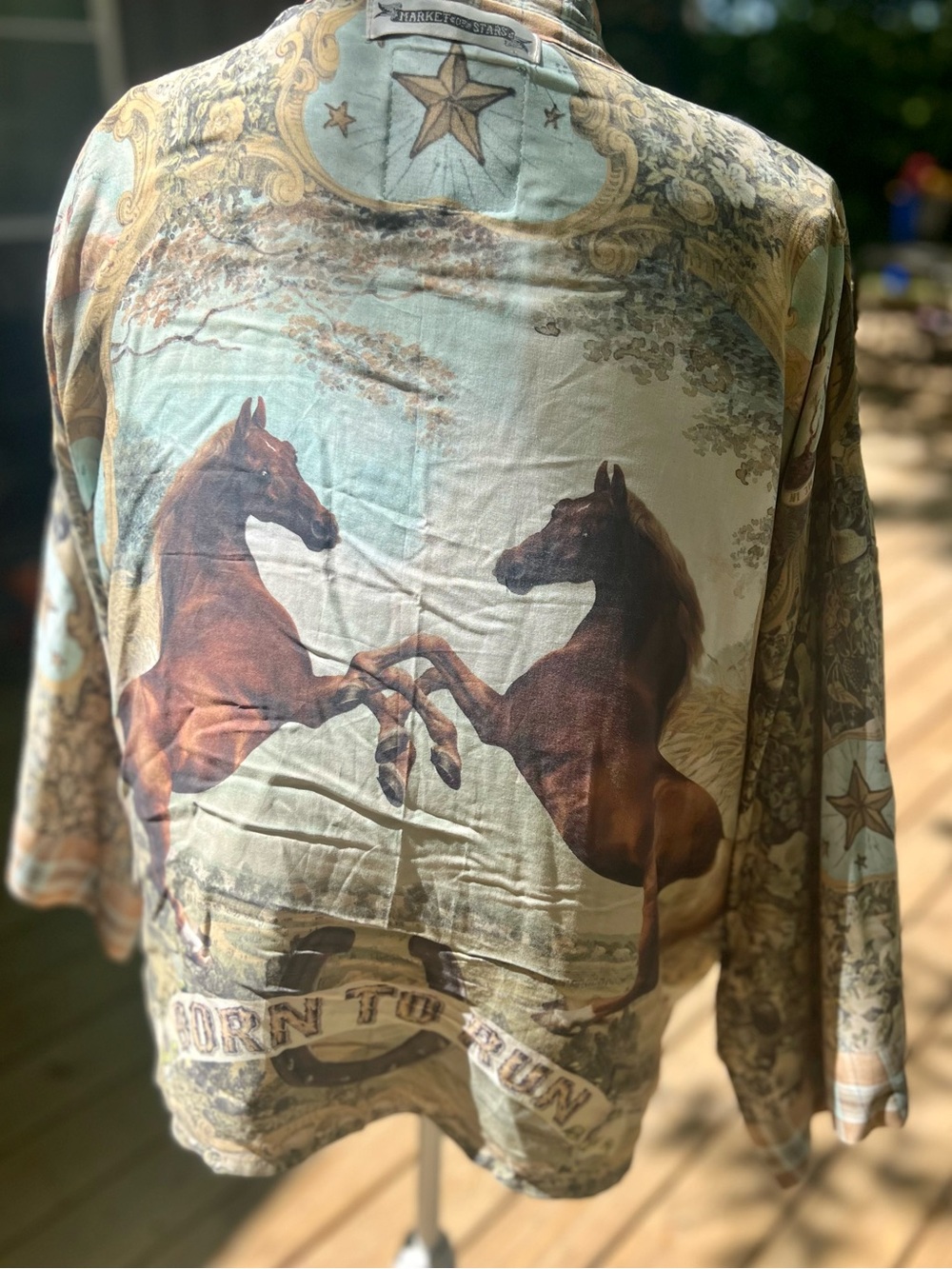 Market of Stars Women’s Horse-Print Wrap Top in Sage and Tan - Picture 5 of 7